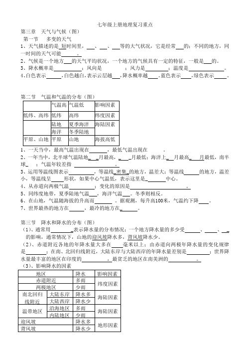 人教版七年级地理上册天气与气候知识点空白填空