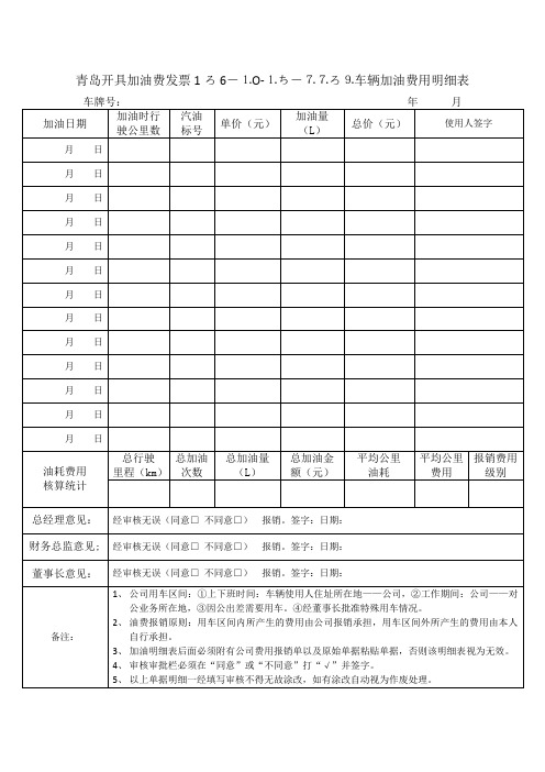 青岛加油费发票明细表格