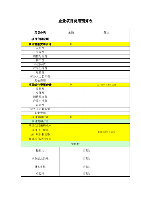 企业项目费用预算表