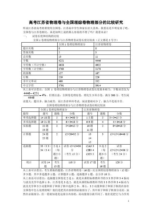 高考江苏省物理卷与全国理综卷物理部分的比较研究