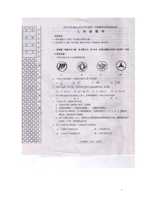 2012-2013年大连沙河口甘井子西岗三区九年级期末数学测试题