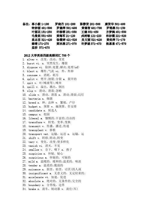 大学英语四级高频词汇700个