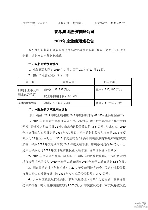 泰禾集团：2019年度业绩预减公告