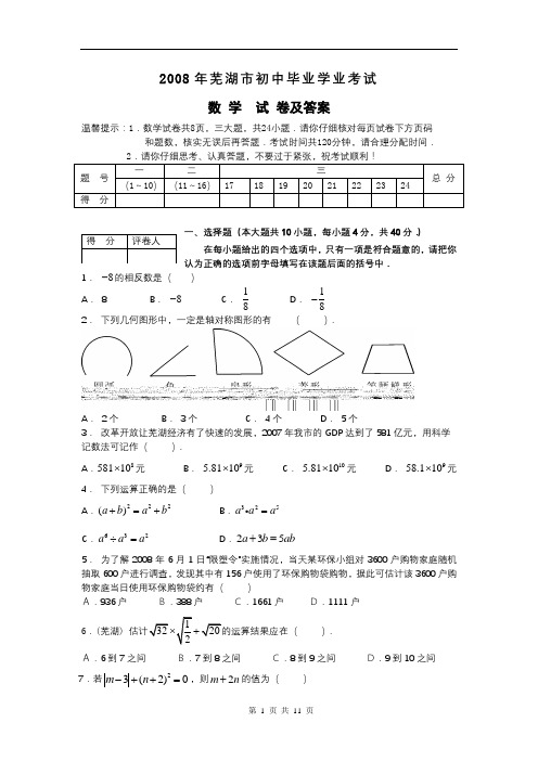 安徽省芜湖市2008年中考数学试题