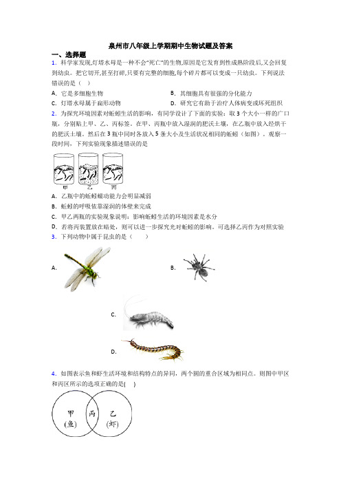 泉州市八年级上学期期中生物试题及答案