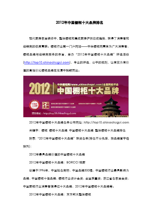 2012年中国橱柜十大品牌排名