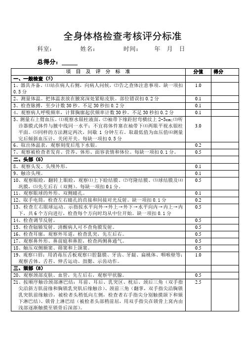 全身体格检查考核评分标准