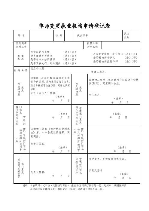 律师变更执业机构申请登记表