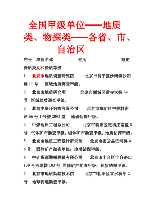 全国甲级单位——地质类、物探类——各省、市、       自治区