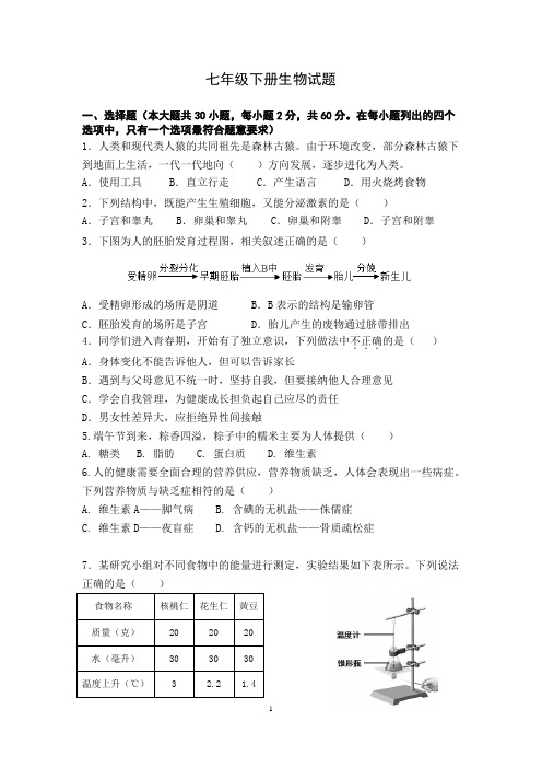 七年级下册生物试题及答案