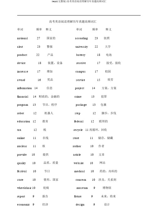 (word完整版)高考英语阅读理解历年真题高频词汇