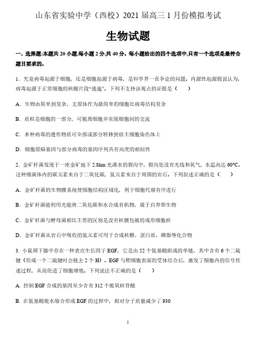 山东省实验中学(西校)2021届高三1月份模拟考试生物试题(含答案)