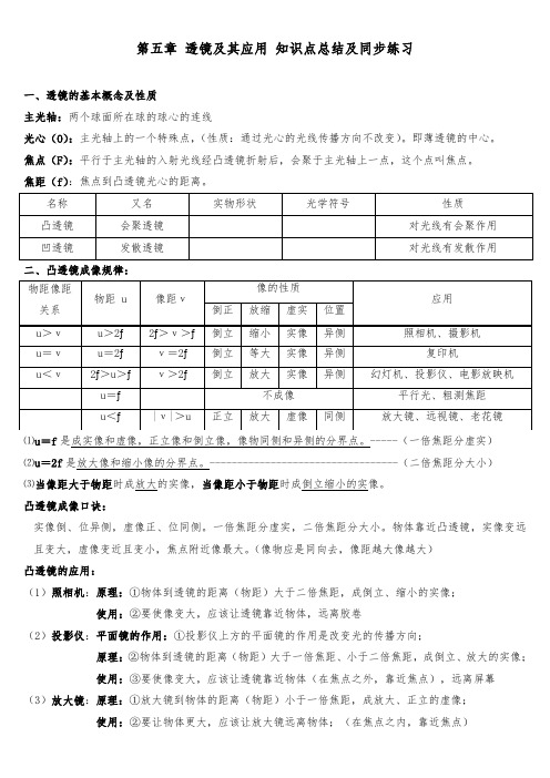 人教版八年级物理上册第五章 透镜及其应用 知识点详细总结及同步练习