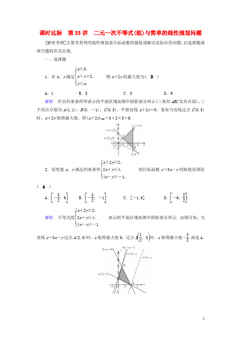 高考数学大一轮复习 第六章 不等式、推理与证明 课时达标33 二元一次不等式(组)与简单的线性规划问题