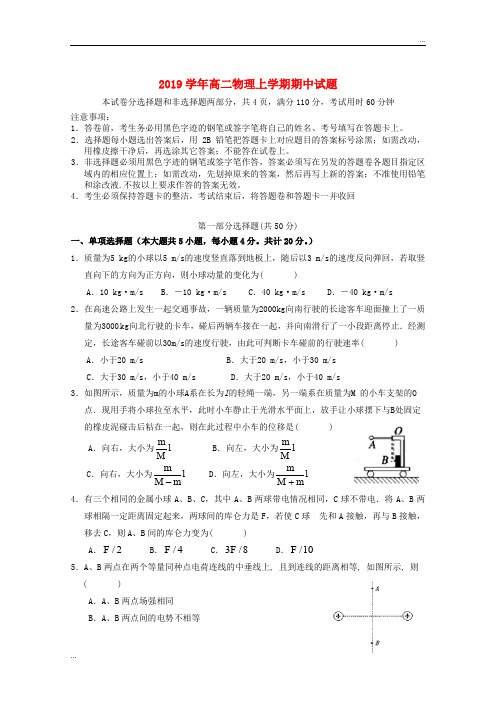 2020学年高二物理上学期期中试题 (新版)新人教版