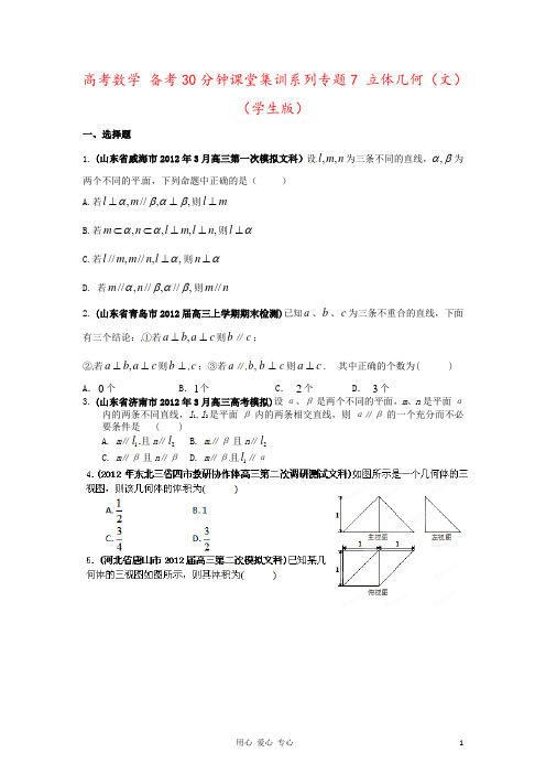 高考数学 备考30分钟课堂集训系列专题7 立体几何(文)(学生版)