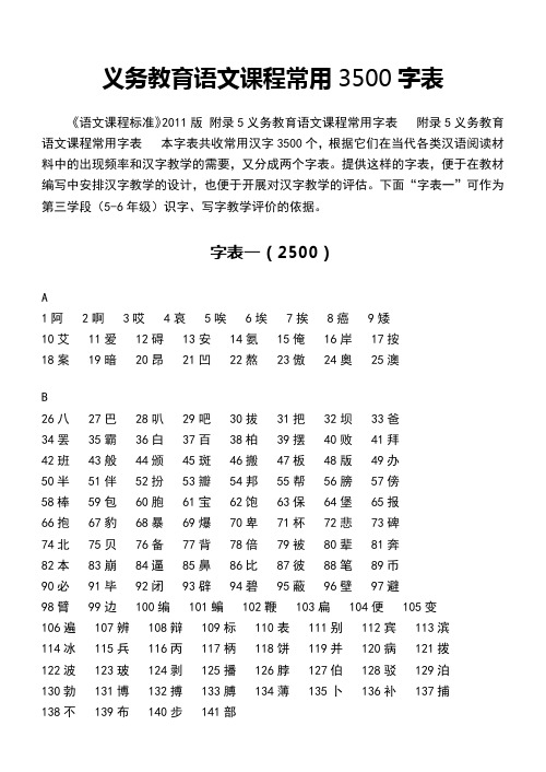 义务教育语文课程3500常用字表