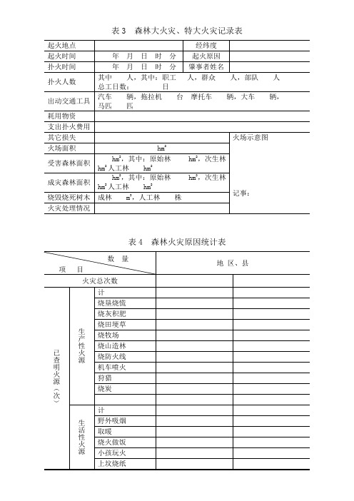 表3   森林大火灾、特大火灾记录表    表4  森林火灾原因统计表