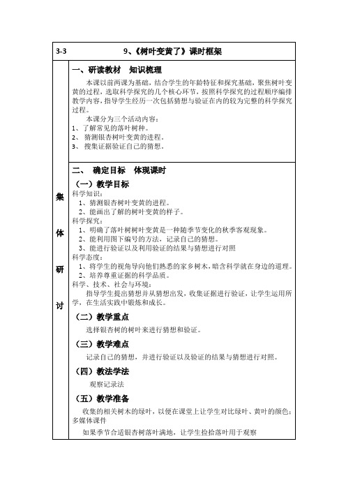 苏教2017课标版科学一年级上册《3单元 用大脑思考 9 树叶变黄了》优质课教学设计_1