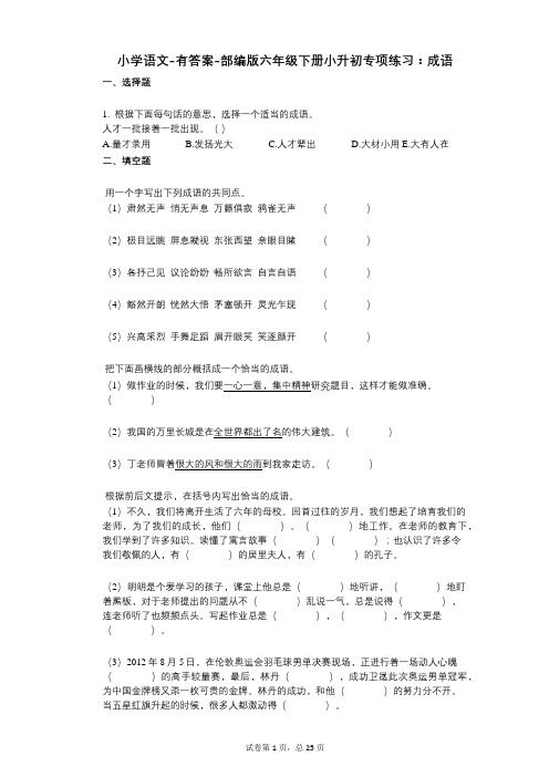 小学语文-有答案-部编版六年级下册小升初专项练习：成语