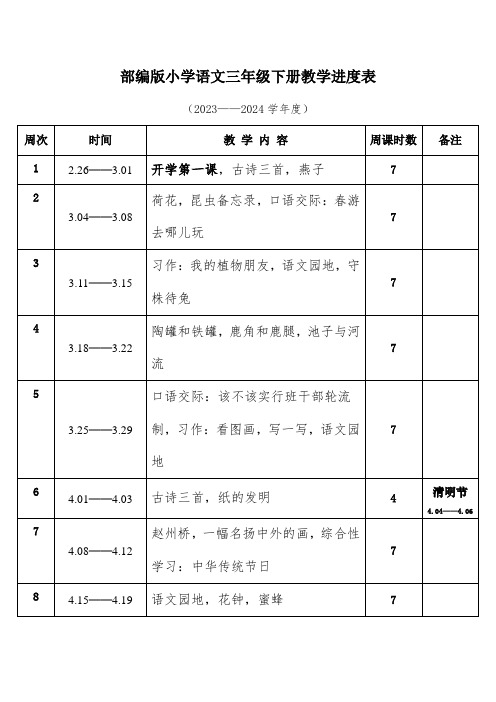 2024年春学期部编版小学语文三年级下册教学进度表