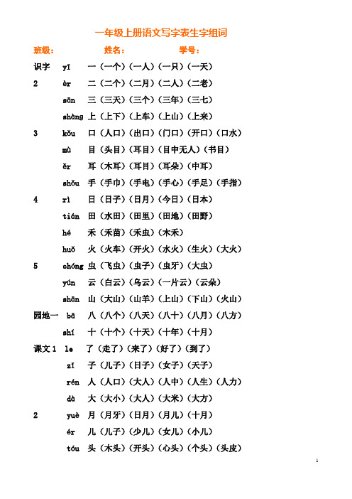 新人教版一年级上册语文写字表生字组词(精华版)