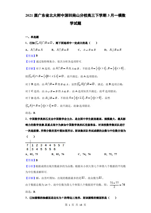 2021届广东省北大附中深圳南山分校高三下学期3月一模数学试题(解析版)