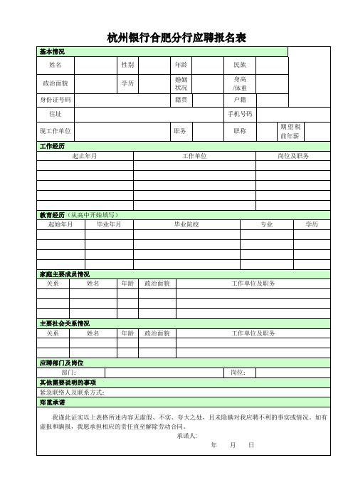 杭州银行合肥分行应聘报名表