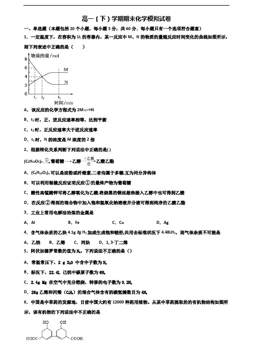 2020学年福建省名校新高考高一化学下学期期末教学质量检测试题