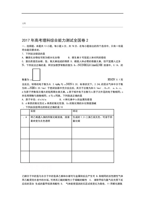 2017年全国高考理综精彩试题化学部分及问题详解 全国卷2