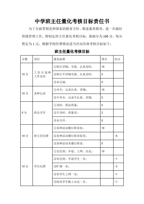 庙湾中学班主任量化考核目标