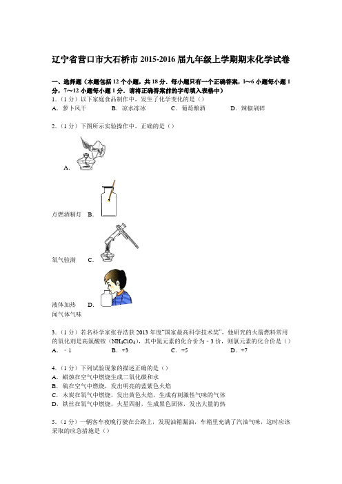 辽宁省营口市大石桥市2016届九年级上学期期末化学试卷【解析版】