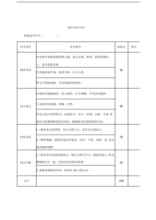 演讲比赛评分表和计分表