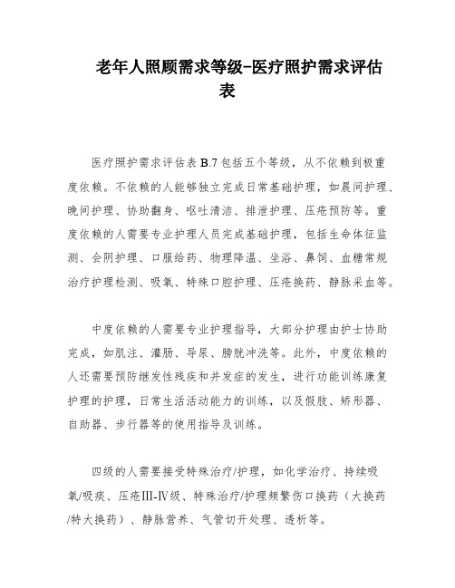 老年人照顾需求等级-医疗照护需求评估表