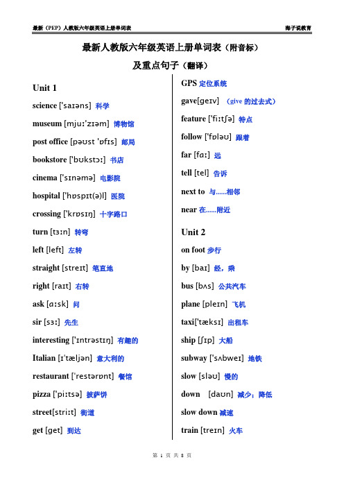 最新(pep)人教版六年级英语上册单词表及重点句子