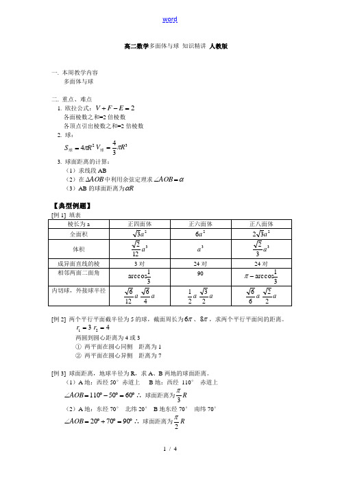 高二数学多面体与球 知识精讲 人教版