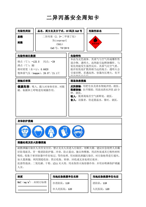 二异丙基安全周知卡、职业危害告知卡、理化特性表