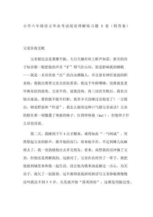 小学六年级语文毕业考试阅读理解练习题套附答案