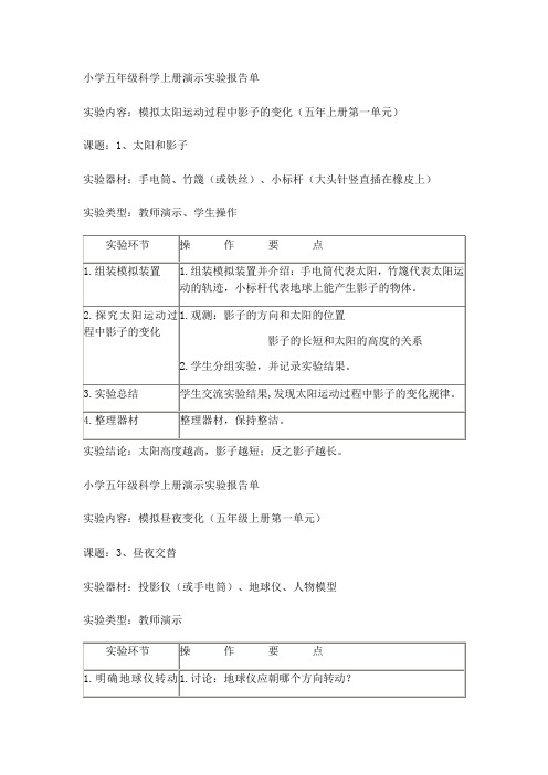 2023年小学五年级科学上册演示实验报告单