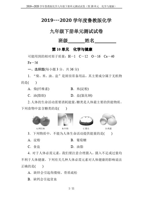 2019---2020学年鲁教版化学九年级下册单元测试试卷(第10单元  化学与健康)