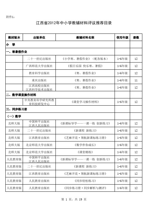 江西省2012年中小学教辅材料评议推荐目录xls