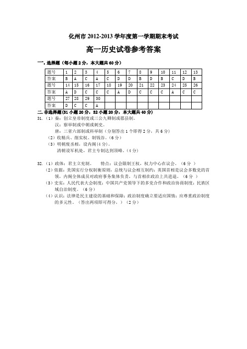 化州市2013学年度第一学期高一历史期末参考答案