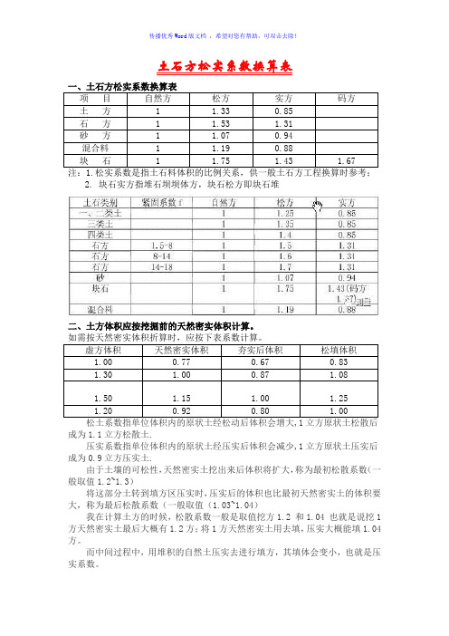 土石方松实系数换算表Word版