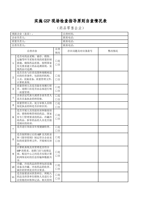 实施GSP现场检查指导原则自查情况表(药品零售企业)