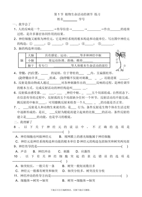 初中浙教版科学八年级上册3.3 神经调节 练习