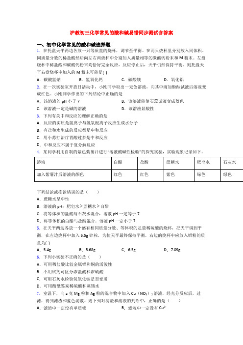 沪教初三化学常见的酸和碱易错同步测试含答案