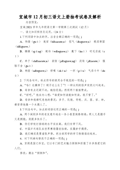 宜城市12月初三语文上册抽考试卷及解析