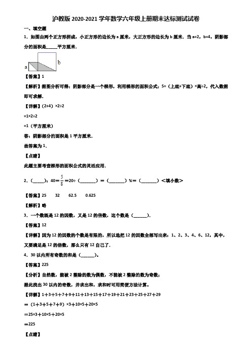 沪教版2020-2021学年数学六年级上册期末达标测试试卷含解析