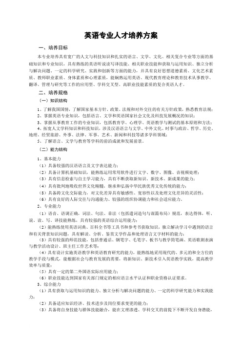 英语专业人才培养方案范文