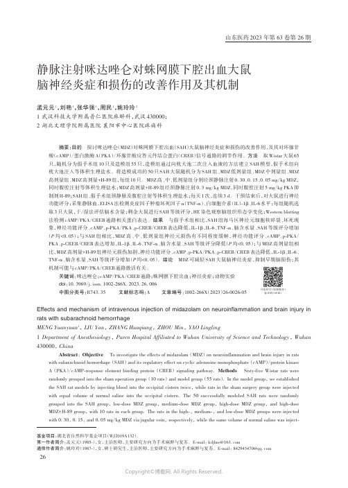 静脉注射咪达唑仑对蛛网膜下腔出血大鼠脑神经炎症和损伤的改善作用及其机制